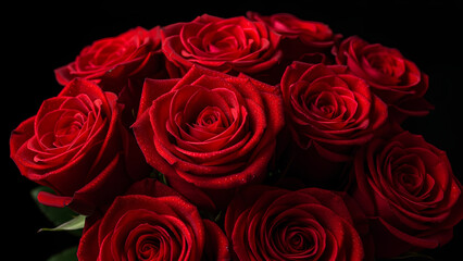 Beautiful bouquet of fresh red roses on black background