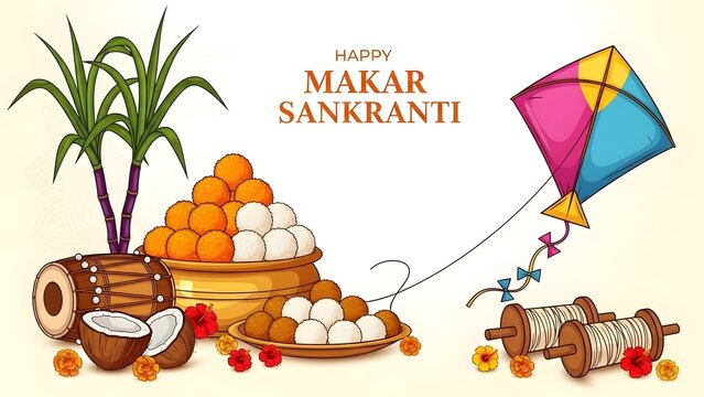 Happy makar sankranti festival celebration with traditional sweets and kite