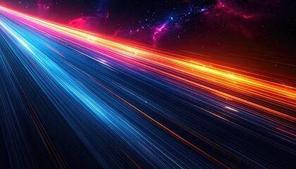 Abstract digital artwork featuring parallel streaks of blue and orange light against a nebula backdrop