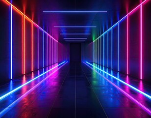 Neon lit symmetrical corridor with vibrant colors leading to a distant dark doorway