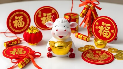 Fototapeta premium Happy chinese new year cow figurine with gold coins and red decorations