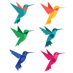 Geometric Hummingbird Icons Set, Colorful Vector Illustration