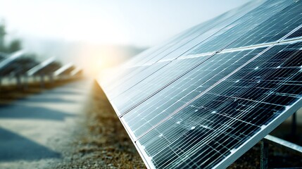 Rows of solar panels angled to capture sun's rays, harvesting clean energy in the daylight