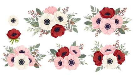 A collection of floral arrangements featuring red, pink, and white flowers with green leaves on a plain white background