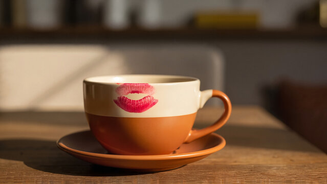 Coffee cup with lipstick stain on saucer on wooden table  