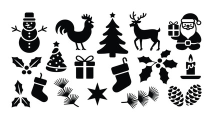Christmas icons and symbols in black silhouette style