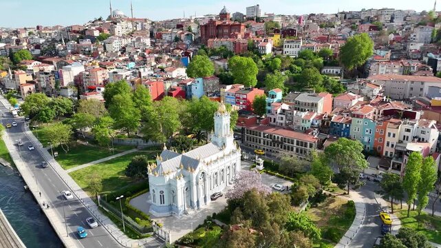 Detail drone shot focusing on the architectural details and crosses of the Iron Church on May 5, 2025 in Balat, Istanbul