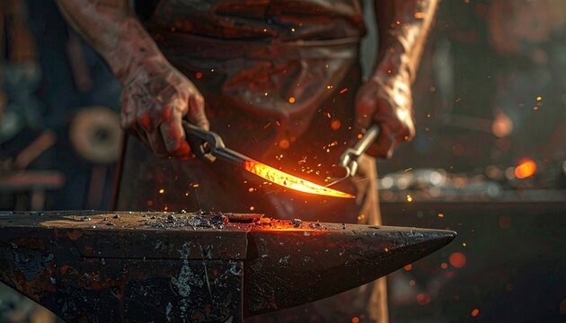 A blacksmith, illuminated by fiery glow, shapes metal with tools. Sparkles dance