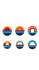 Retro Rainbow Circle Icons Set, Vintage Sunset Geometric Shapes, Abstract Design Elements