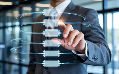 Businessman interacting with virtual interface in office setting