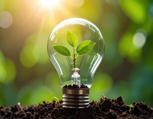Clear lightbulb filled with green plant, soil, and blurred background. Illuminated by sunlight