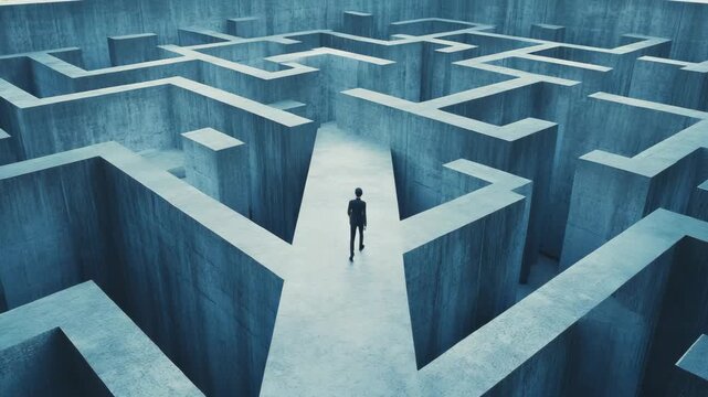 A single human figure appears inside a bright surreal maze with massive walls and shining light reflecting themes of mystery inspiration direction difficult choices creativity symbolic path of destiny