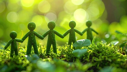 Group of green figures holding hands in a lush, verdant, sunlit forest setting