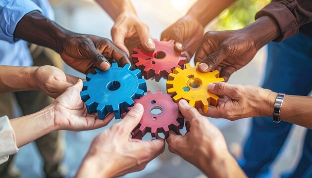 Diverse hands joining colorful gears together demonstrating collaboration and teamwork concept