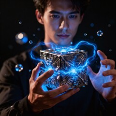 Man Holding Energy Cube Representing Power, Discovery and Unknown Technology