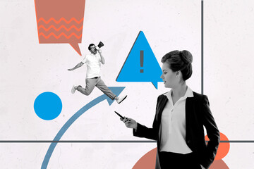 Creative drawing full image collage picture of happy girl guy speak together warning sign chat phone laptop notification icon