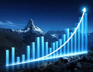 Illuminated bar graph with upward arrow superimposed on a mountain range and starry night sky