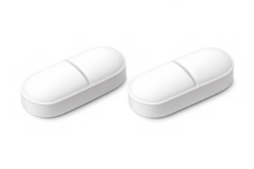 Two white oblong pills representing medicine, health, pain relief, and pharmaceutical treatment on transparent background
