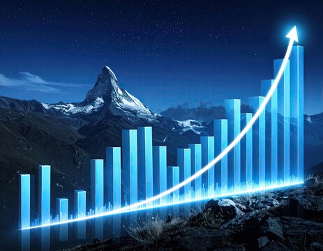 Illuminated bar graph with upward arrow superimposed on a mountain range and starry night sky - Powered by Adobe