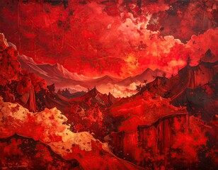 Fiery landscape with crimson mountains, trees, and dramatic red sky; surreal painting