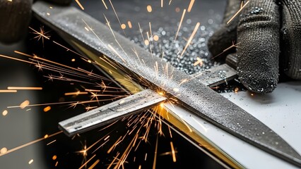Worker hands sharpening ice skate blade with bright sparks in workshop