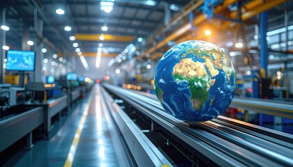 Composite image of Earth globe on a conveyor belt in a large, industrial factory setting