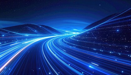 Digital rendering of a luminous road curving between stylized mountains under a starlit sky