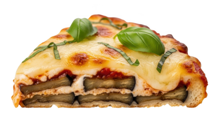 Slice of baked eggplant lasagna with melted cheese and basil garnish on black background food