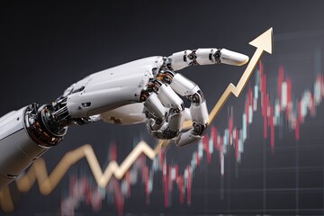 Robotic arm points at a golden upward-trending arrow superimposed over a stock chart