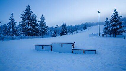 Snowy winter award platforms marked with Roman numerals I II and III on ski slope