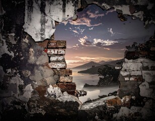 A scenic coastal vista framed by a crumbling, textured brick wall under a cloudy sky