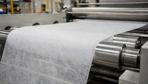 Medium shot of nonwoven fabric moving steadily through rollers emphasizing uniform web tension and the tactile softness of the material in a production line environment.