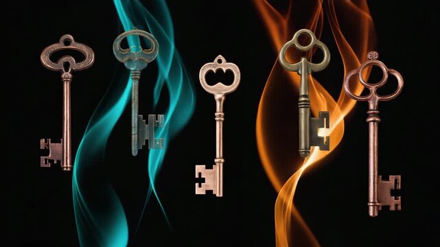 Different types of keys with unique designs and colors arranged on a white background showing various patterns and shapes