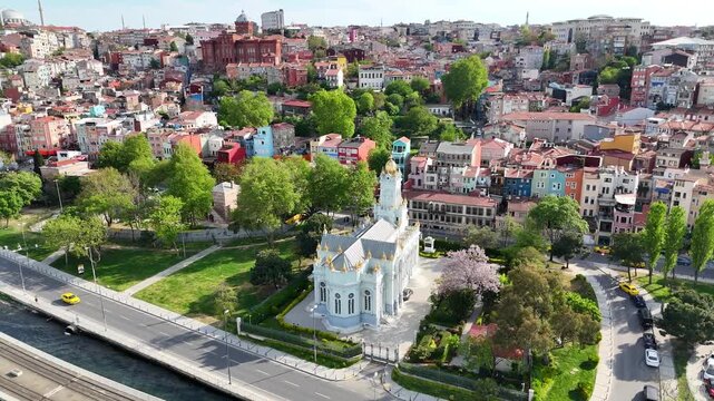 Aerial orbit shot around the Bulgarian St. Stephen Church showing its unique iron structure on May 5, 2025 in Balat, Istanbul