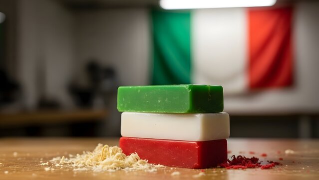 Stack of ski wax blocks in Italian flag colors on wooden workbench