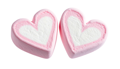 Two heart-shaped marshmallows, pink and white, on a black background