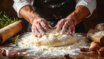 Close-up of hands kneading dough covered in flour on a wooden surface