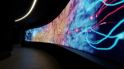 A side angle of a curvilinear LED screen displaying a realtime simulation of protein folding by AI capturing the fluid dynamics of molecular transformations.