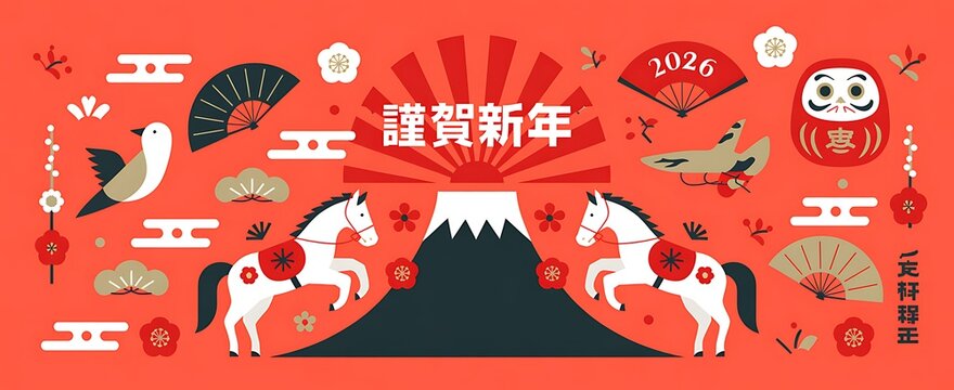 Vibrant japanese new year 2020 illustration with various festive elements and white horses on red background