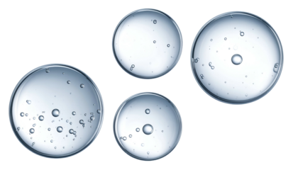 Four translucent, circular orbs with small bubbles against a black backdrop