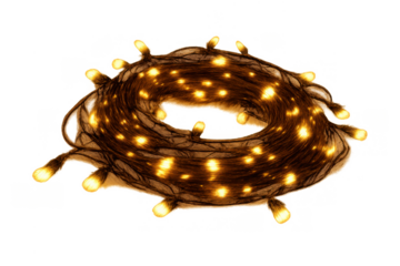 Golden fairy string lights coiled for decoration, creating a festive holiday glow, transparent background