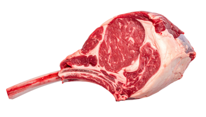 Large, raw, bone-in ribeye steak cut, showing marbling and a long bone on a transparent background