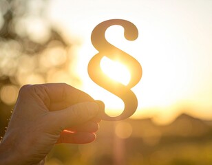 Hand holds a carved paragraph symbol against the sun during golden hour