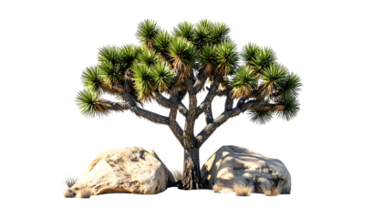 Isolated desert tree, Joshua, with rocky base against black background