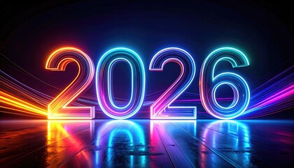 Neon lit numbers spelling the year 2026 above reflective surface with streaks of light