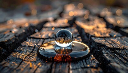 Close-up of a glass sphere reflecting a tree on weathered, charred wood with water