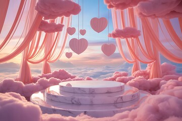 Ethereal Valentine's Day Sky Stage with Tiered Marble Podium, Pink Drapes, and Hanging Paper Hearts