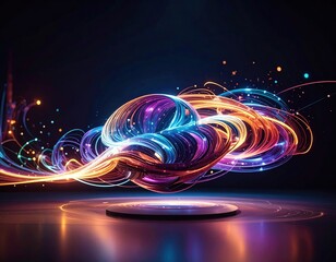 Digital art of swirling, glowing lines emanating from a stage-like platform
