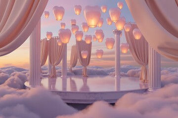 Romantic Valentine's Day Temple Stage Floating on Clouds with Heart-Shaped Lanterns at Sunset