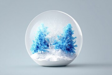 Snow globe featuring vibrant blue trees and white snow, creating a serene winter landscape, encapsulated in glass, perfect for holiday decorations and seasonal themes